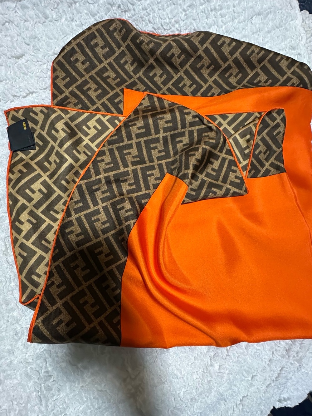 Fendi Brown Monogram with Vibrant Orange Silk Square Scarf